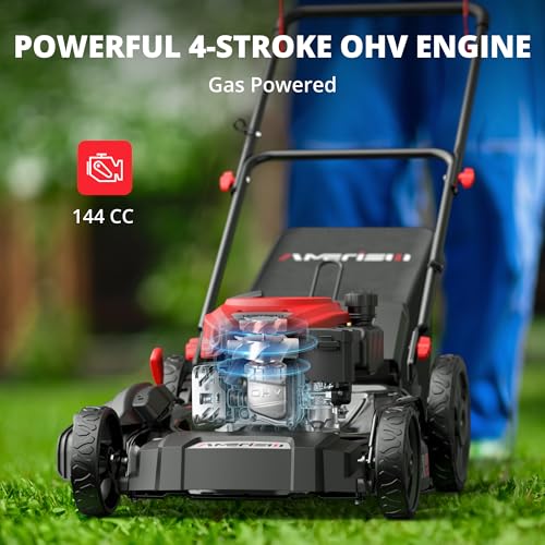 AMERISUN 53,3 cm 3-in-1 Rasenmäher – 144cc Benzin, Schubmäher mit Fangkorb