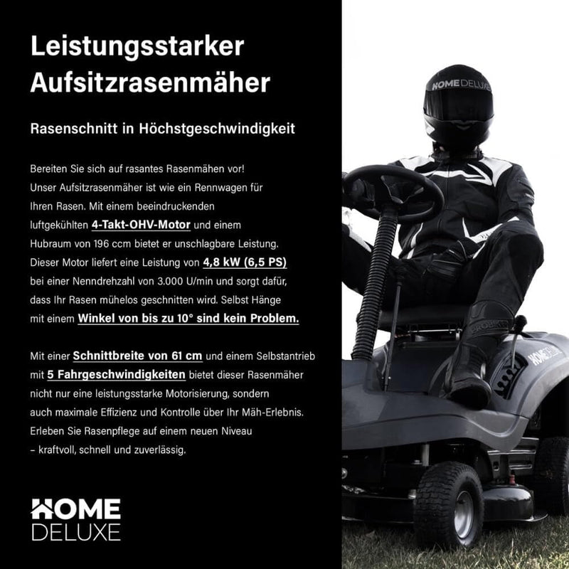 Home Deluxe Reaper Benzin-Aufsitzrasenmäher – 61 cm Schnitt, 6,5 PS, 150L Fangkorb