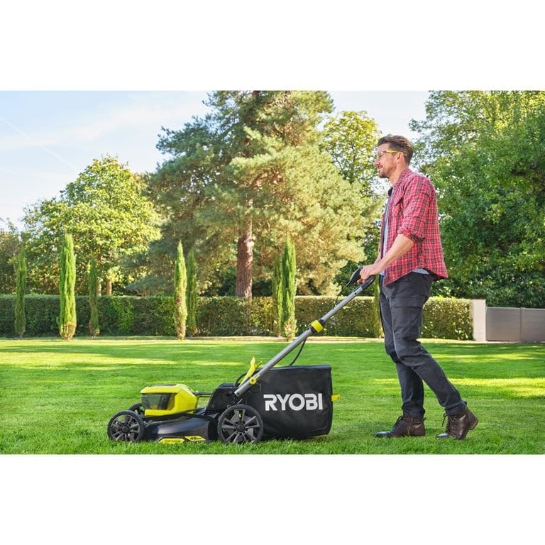 RYOBI 18V Akku-Rasenmäher – 46 cm Schnitt, Brushless, 2×5,0 Ah