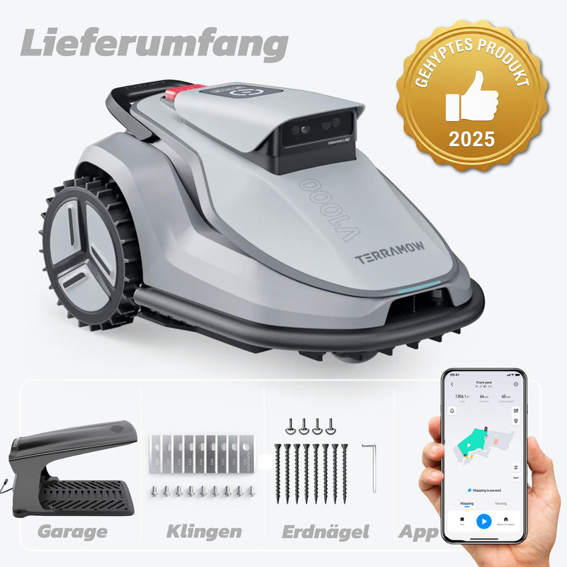 Terramow V1000 Mähroboter – bis 1200 m², ohne Begrenzungskabel, KI-Hinderniserkennung