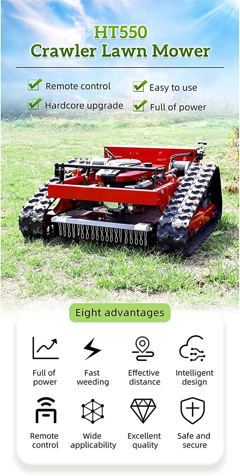 Smart Rasenmäher – 7,5 PS, Gas, Crawler, Fernbedienung, bis 30° Neigung